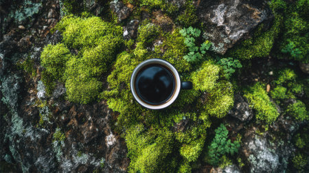 A serene scene featuring a cup of black coffee placed on a moss-covered rock surface, highlighting the beauty of nature and tranquility.の素材