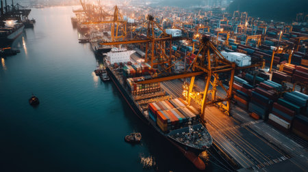 An expansive aerial view showcasing a busy shipping port filled with colorful containers, towering cranes, and serene water during dusk.の素材