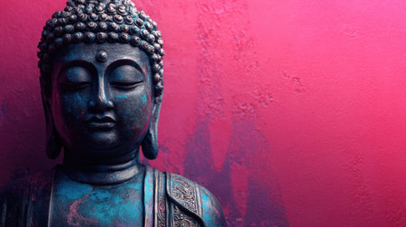A beautifully crafted Buddha statue rests against a vibrant pink wall, symbolizing peace and serenity, perfect for inspiring meditation and calmness.の素材