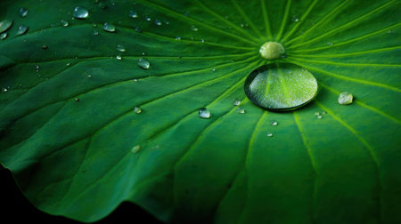 This image showcases a vibrant lotus leaf adorned with glistening water droplets, highlighting the beauty of nature and tranquility in close-up detail.の素材