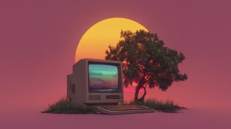 This artwork features a vintage computer set against a vibrant sunset, accompanied by a tree, symbolizing the harmony of technology and nature.の素材