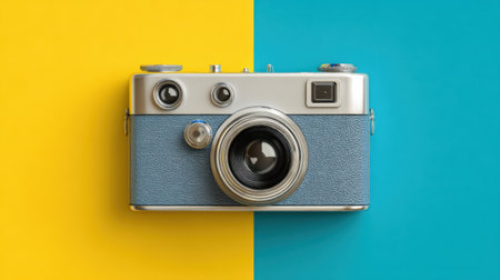 Vintage camera displayed against a vibrant yellow and teal background, highlighting retro design and color contrast, perfect for photography enthusiasts.の素材