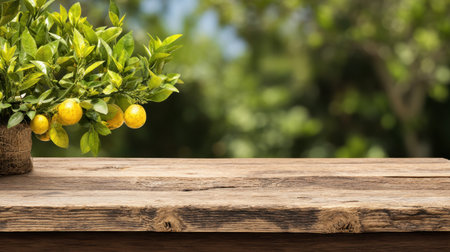A charming scene featuring a citrus plant with yellow fruits atop a rustic wooden table. The lush greenery creates a vibrant and refreshing atmosphere, perfect for nature lovers.の素材