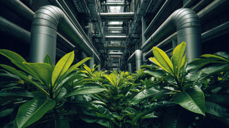 A striking contrast between lush green plants and sleek industrial pipes creates a unique harmony in a modern indoor space. This image captures the essence of nature coexisting with technology, showcasing vitality and innovation.の素材