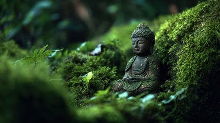 A serene Buddha statue sits peacefully among lush green moss and ferns, creating a tranquil atmosphere ideal for meditation, wellness, and nature-themed projects.の素材