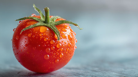 Explore the beauty of a fresh red tomato adorned with glistening water droplets, showcasing its vibrant hue and natural freshness. Perfect for culinary and health themes.の素材