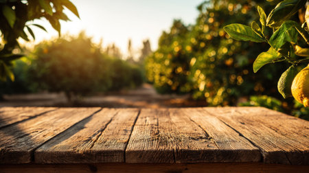 A stunning wooden table features fresh lemons, set against a lush green citrus orchard bathed in warm sunset light, showcasing nature's beauty.の素材