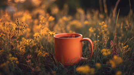 A cozy orange mug filled with a hot beverage sits among vibrant wildflowers, capturing the essence of tranquility and nature during sunset.の素材