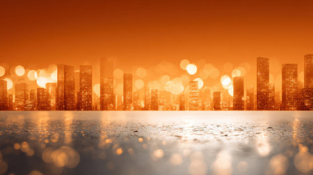 A stunning urban skyline featuring glowing lights and reflections against a vibrant orange background, creating a warm and serene atmosphere.の素材