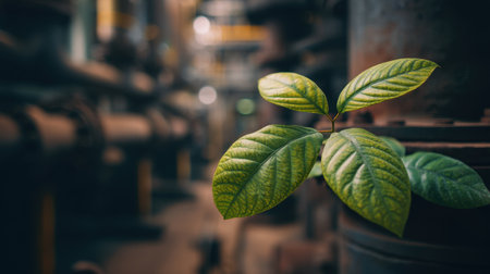 A striking close-up of a vibrant green leaf growing amidst industrial pipes, showcasing the interplay of nature and urban environments.の素材