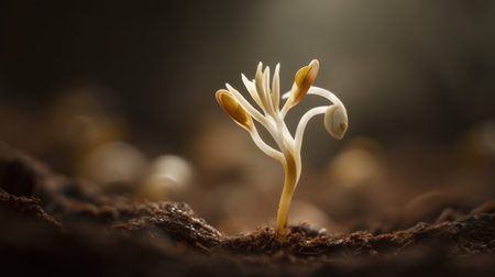 A delicate seedling rises from dark, rich soil in soft, warm light, representing new beginnings and the beauty of nature's growth process.の素材