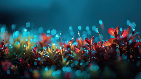 A stunning close-up of vibrant plants adorned with dew drops, illuminated by ethereal blue and red lights, showcasing nature's exquisite beauty.の素材