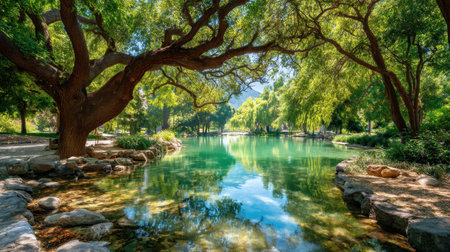 A tranquil park scene showcasing clear water reflecting lush trees and vibrant greenery, creating a serene environment perfect for relaxation.の素材