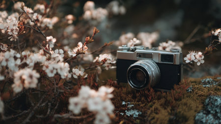 A vintage camera rests gracefully among blooming white flowers, creating a serene and picturesque nature scene, perfect for photography enthusiasts.の素材