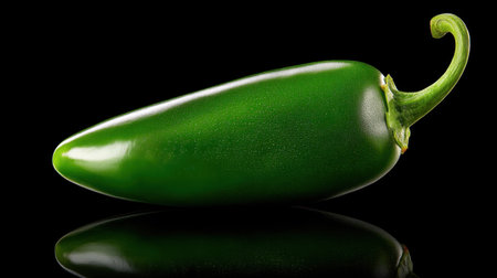 A stunning image of a fresh green jalapeno pepper showcasing its glossy skin and distinctive curved stem, perfect for culinary use.の素材