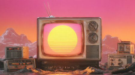 This striking image showcases a retro television set featuring a glowing sunset. Surrounded by vintage electronics, it encapsulates nostalgia and surreal beauty in an imaginative landscape.の素材