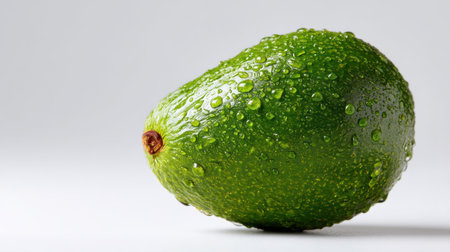 This image showcases a fresh green avocado with water droplets on its surface. The lighting emphasizes the texture and freshness, making it ideal for healthy eating themes and culinary inspirations.の素材