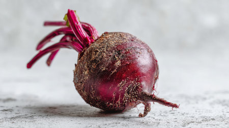 A single, fresh beetroot with earthy tones and vibrant green stems rests on a rustic surface, perfect for healthy culinary compositions.の素材