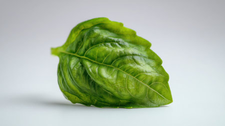 A fresh green basil leaf rests on a light background, showcasing its vibrant color and intricate texture, ideal for culinary applications and healthy recipes.の素材