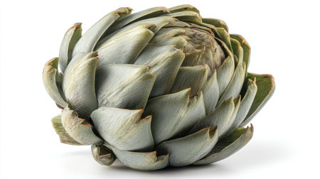 This fresh green artichoke showcases intricate petal-like structures, offering a unique visual appeal for culinary and health-related themes.の素材