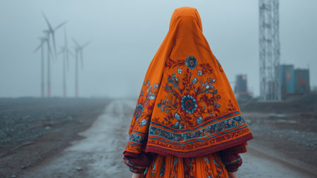 A woman dressed in a vibrant orange shawl stands on a misty road, surrounded by wind turbines, embodying serene beauty and cultural pride.の素材