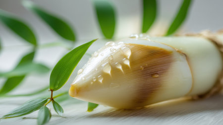 A close-up view of a fresh bamboo shoot resting on a light wooden surface, surrounded by green leaves and highlighted by droplets of water, showcasing the beauty of nature.の素材