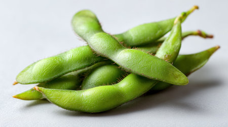 A close-up view of fresh green edamame pods arranged beautifully, highlighting their natural color and texture, ideal for nutritious meals.の素材