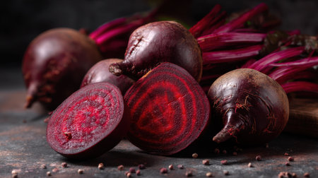 This image showcases fresh beetroots with deep red interiors, emphasizing their unique patterns. Perfect for food-related content, this vibrant visual highlights the beauty and health benefits of organic vegetables.の素材