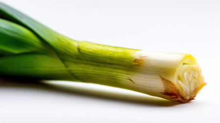 This image features a fresh green onion isolated on a white background, highlighting its vibrant color and crisp texture, perfect for culinary applications.の素材