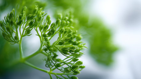 This close-up image captures the intricate details of fresh green plant leaves, showcasing their vibrant colors and delicate textures in soft natural lighting.の素材