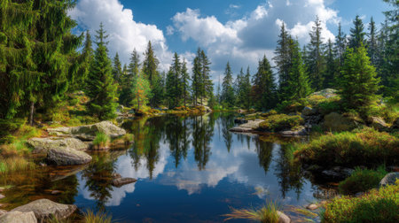 A breathtaking view of a tranquil forest featuring a serene pond reflecting lush greenery and a captivating cloudy sky, ideal for nature lovers.の素材