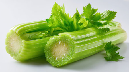 This image showcases fresh green celery sticks with vibrant leaves on a clean white background, perfect for promoting healthy eating and cooking.の素材
