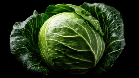 This image features a fresh green cabbage with crisp leaves, beautifully isolated against a black background, perfect for culinary projects.の素材