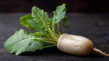 A fresh white radish with vibrant green leaves sits on a dark wooden surface, evoking a rustic kitchen atmosphere perfect for culinary uses.の素材