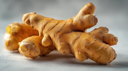 Close-up of fresh ginger root showcasing its unique texture and warm earthy color, ideal for culinary, health, and herbal applications.の素材