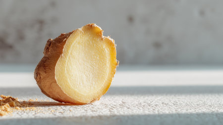 A vibrant image of a freshly cut ginger root, displayed on a bright surface. The natural light highlights its unique texture, emphasizing its culinary uses and health benefits.の素材