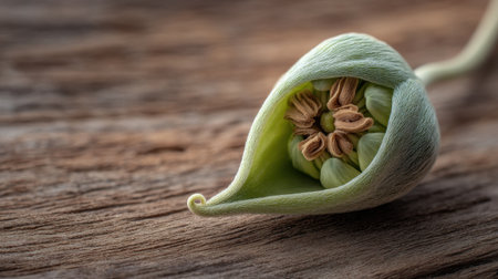A captivating close-up of a green seed pod resting on a rustic wood surface, highlighting the intricate details and textures found in nature.の素材