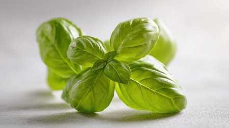 Close-up of fresh green basil leaves showcasing vibrant color and texture, perfect for culinary arts, cooking inspiration, or organic gardening themes.の素材
