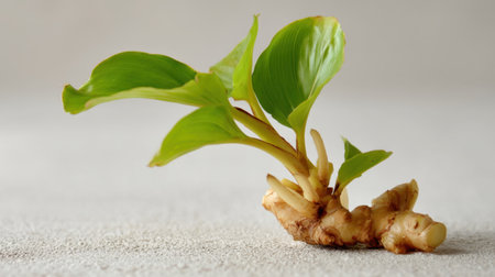 A striking display of fresh green leaves emerging from a root, set against a neutral textured surface, symbolizing growth and vitality in nature.の素材
