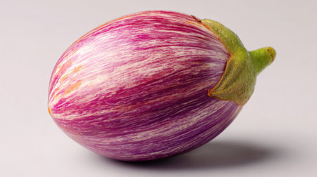 A striking eggplant displaying a beautiful blend of purple and white stripes, perfect for culinary creations, healthy dishes, and vibrant presentations.の素材