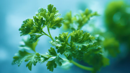 This close-up image features a fresh green parsley leaf with shimmering water drops, set against a soft blue background, highlighting its vibrant color and texture, perfect for culinary and healthy lifestyle themes.の素材