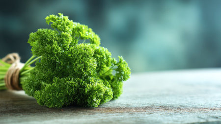 A vibrant bunch of fresh green parsley placed on a rustic wooden table, highlighting its aromatic and flavorful qualities. Perfect for culinary projects and health-oriented recipes.の素材