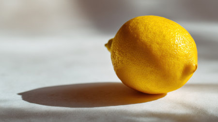 A vibrant yellow lemon rests on a soft surface, casting a natural shadow. The image captures its juicy texture and freshness, perfect for food-related themes.の素材