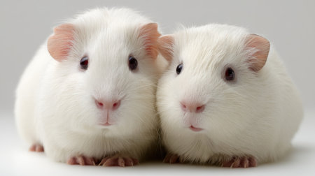 Two adorable white guinea pigs sit closely together, showcasing their fluffy fur and gentle expressions. Perfect for pet lovers.の素材
