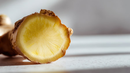 This close-up image features a freshly cut ginger root, showcasing its vibrant yellow interior. Natural light highlights the texture, while soft shadows add depth on the white surface, perfect for food-related projects.の素材