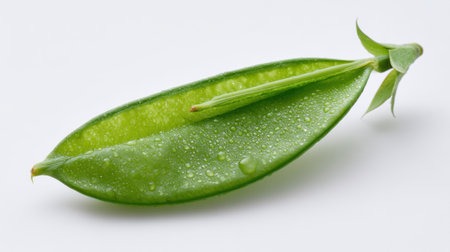 A striking close-up of a fresh green leaf adorned with water droplets, set against a minimalistic white background, perfect for themes of nature and organic life.の素材