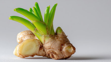 A fresh young ginger root featuring vibrant green shoots, beautifully arranged on a neutral background, symbolizing organic growth and culinary potential.の素材