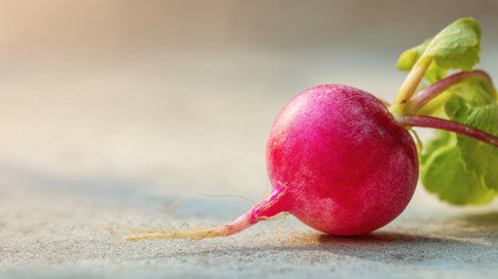 Capturing a close-up view of a fresh red radish with vibrant green leaves, this image highlights the natural beauty of vegetables, perfect for culinary use.の素材