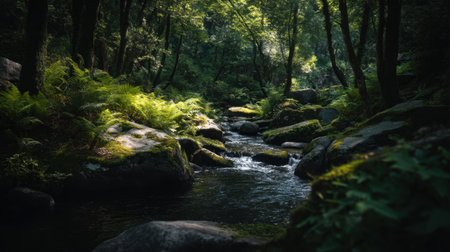 A serene view of a flowing stream nestled amidst a lush forest. Sunlight filters through the trees, casting gentle shadows on vibrant greenery and rocks.の素材
