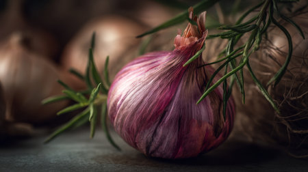 Close-up of a fresh organic onion with a vibrant purple skin beside fragrant herbs on a rustic wooden table, ideal for culinary inspiration.の素材
